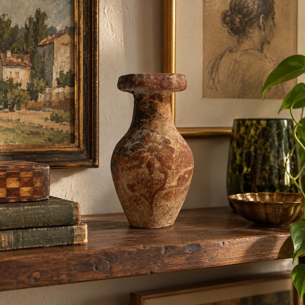 Vintage Rustic Vase, Old World Terracotta-Tone Shelf Decor, Floral Motif